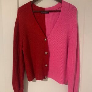 Moon and Madison Pink Red Color Block Ribbed Cardigan Sweater Valentine's day